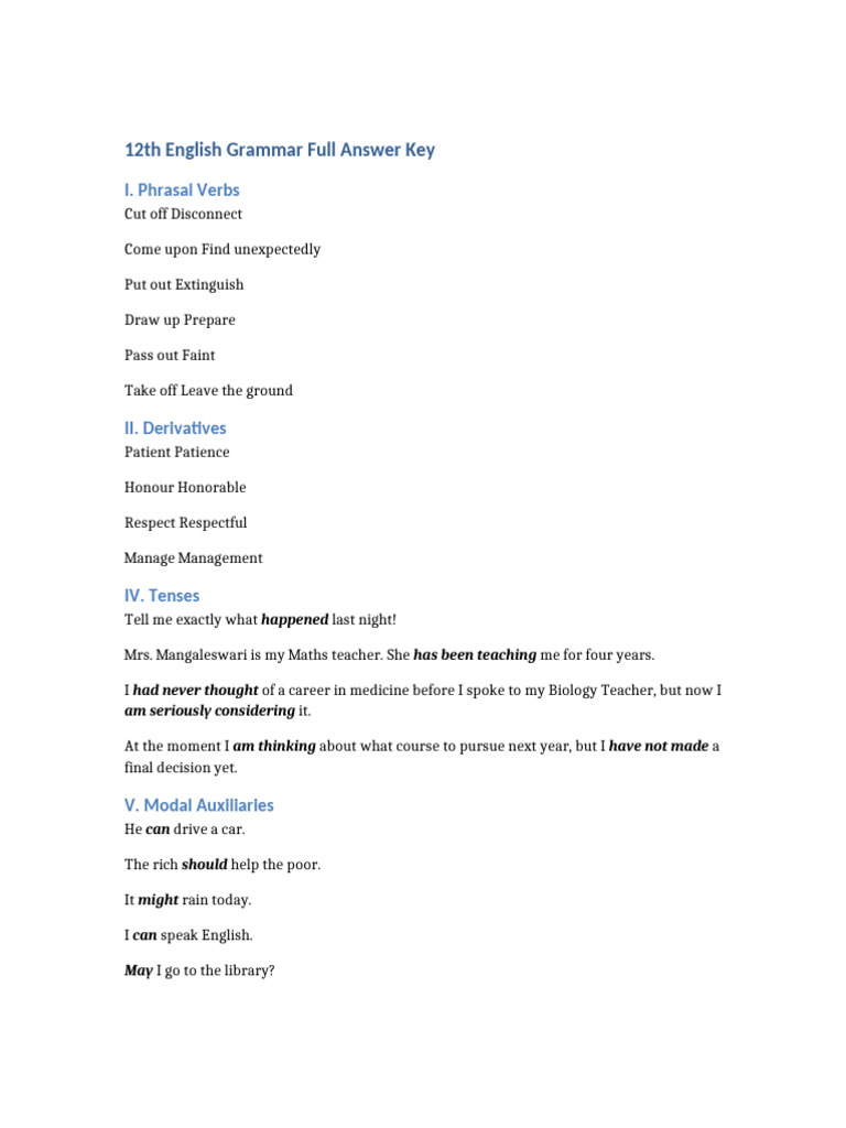 12th English Grammar Answer Key | PDF