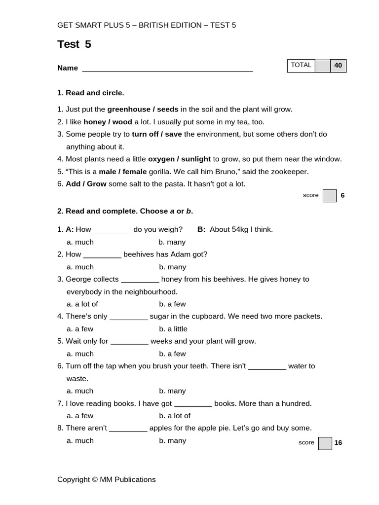 Get Smart Plus 5 British Test 5 | PDF | Gorilla | Botany