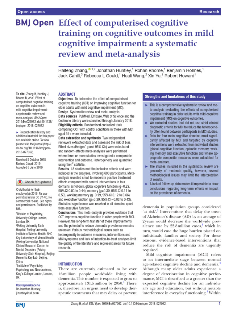 Effect of Computerised Cognitive Training On Cognitive Outcomes in Mild ...