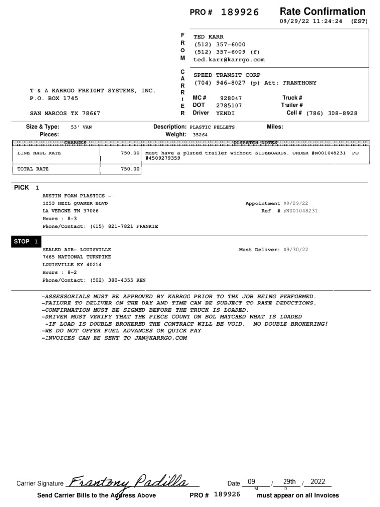 Freight Rate Confirmation Document | PDF | Vehicles | Freight Transport