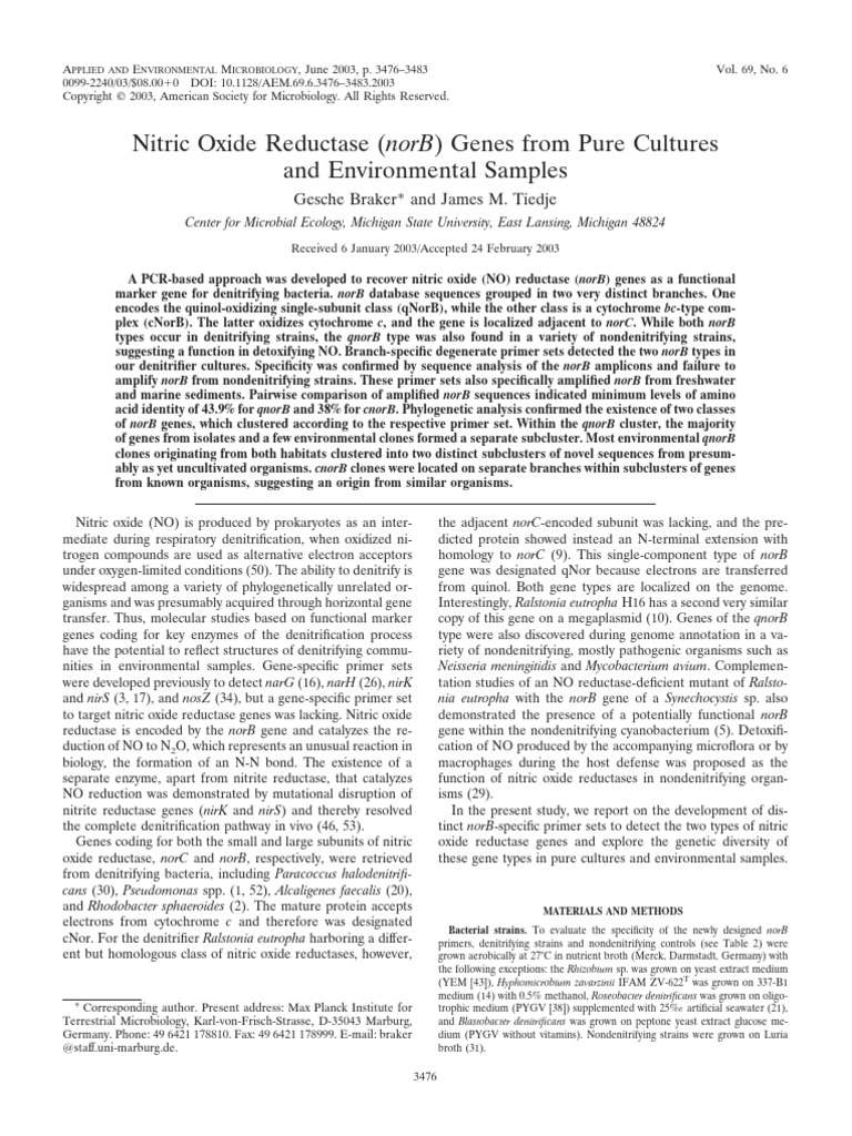 Nitric_Oxide_Reductase_norB_Genes_from_Pure_Cultur 2 | PDF | Gene | Biology