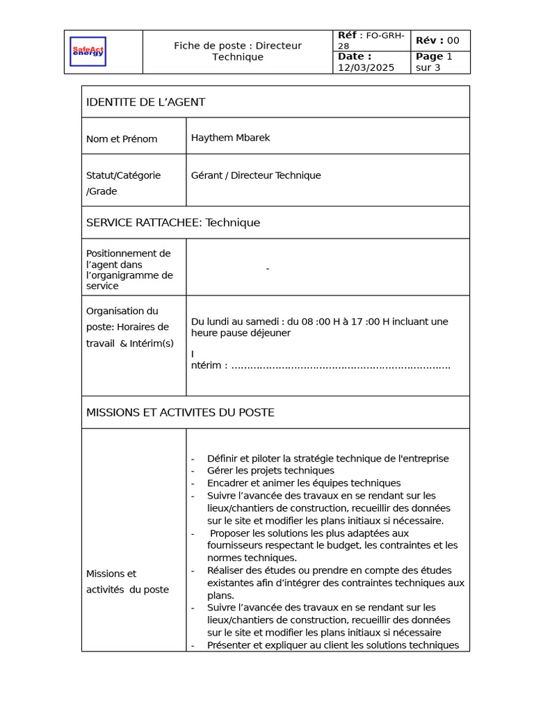 Fiche de Poste : Directeur Technique | PDF | Gestion de projet | Business