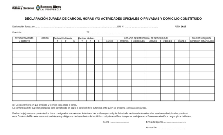 Declaración Jurada Docente 2025 | PDF