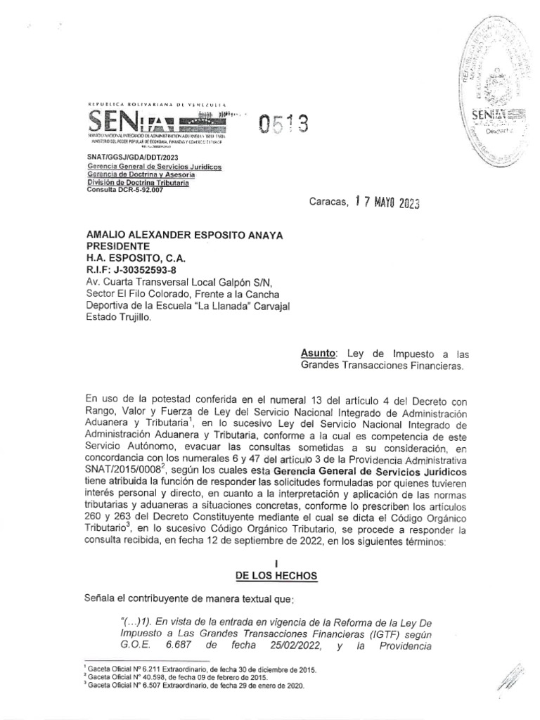 DCR 92.007 0513 Ley de Impuesto A Las Grandes Transacciones Financieras ...