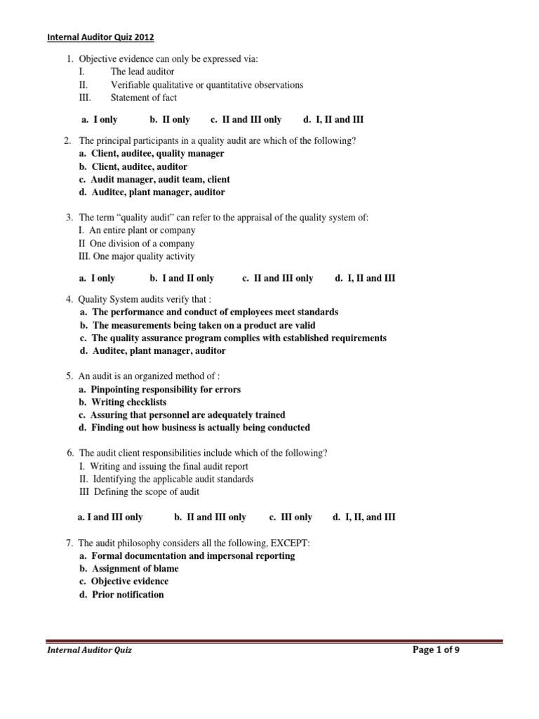 Internal Auditor Quiz 2012 Questions | PDF | Auditor's Report | Audit