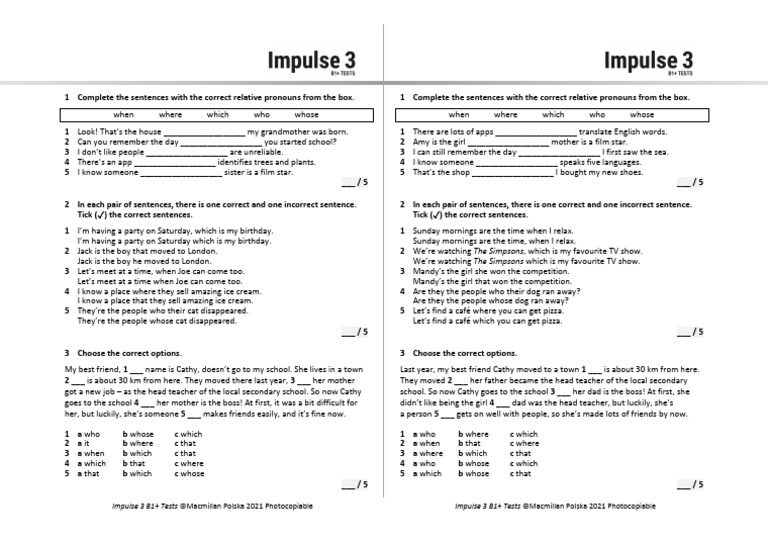 Impulse 3 B1+ Grammar Test Materials | PDF | Languages | Foreign ...