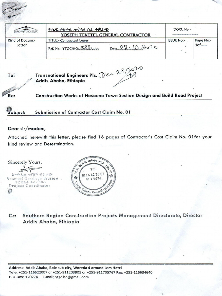 Submission of Contractor Cost Claim No. 01 | PDF