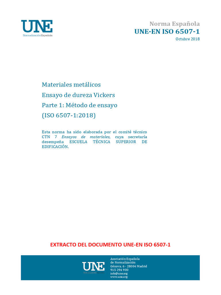 Norma UNE-EN ISO 6507-1:2018 Vickers | PDF | Dureza