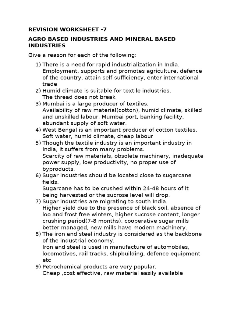 REVISION WORKSHEET-agro and mineral based industries. | PDF | Sugarcane ...