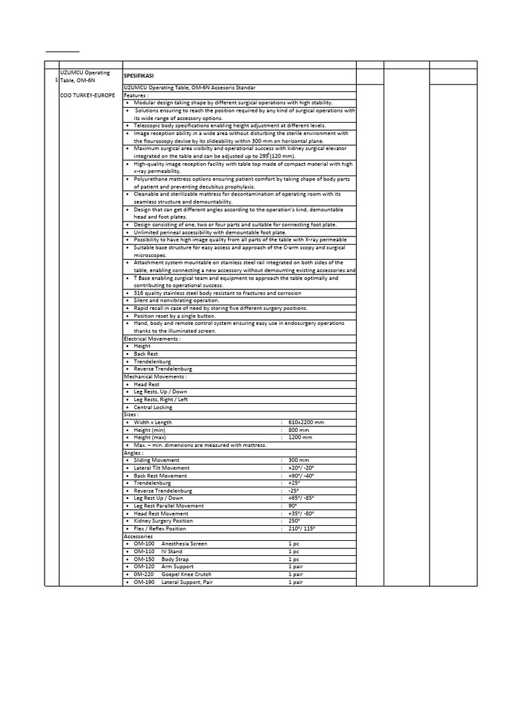 Uzumcu OM-6N Operating Table Specs | PDF