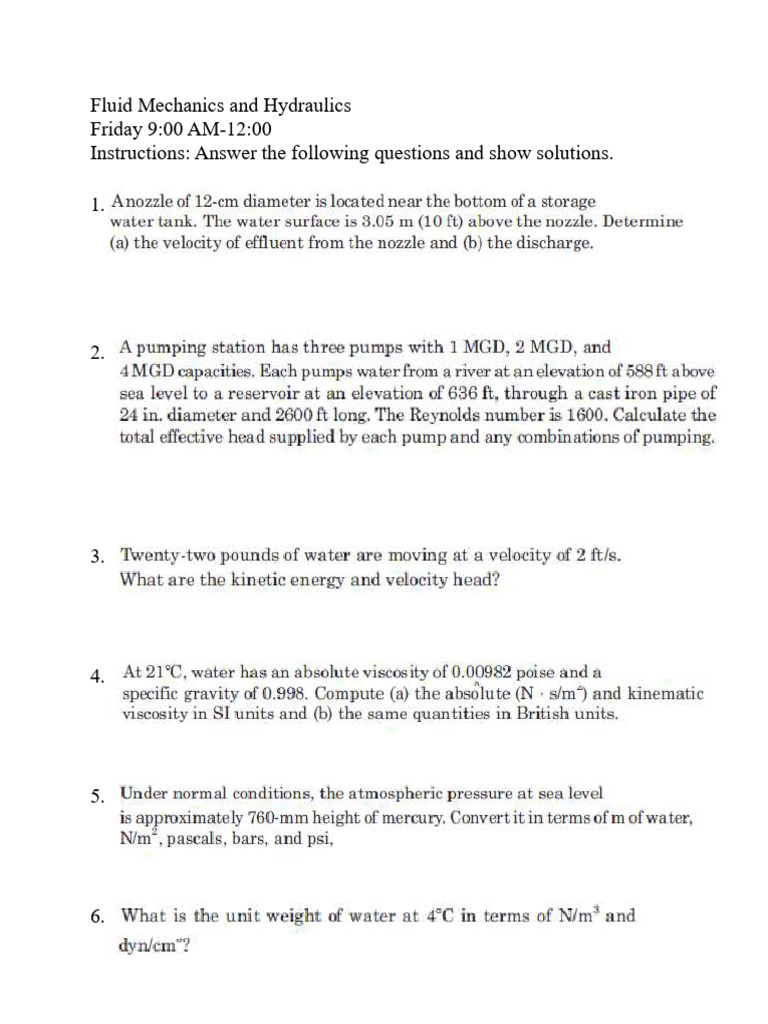 Fluid Mechanics Exam Solutions Guide | PDF