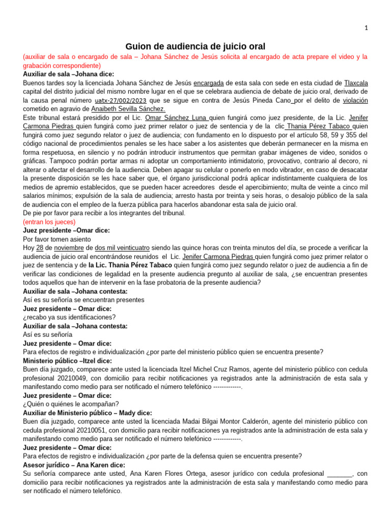 Guion de Audiencia de Juicio Oral en Tlaxcala | PDF | Testigo | Juez