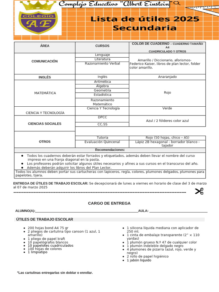Lista de Útiles Escolares 2025 | PDF | Matemáticas | Arco iris