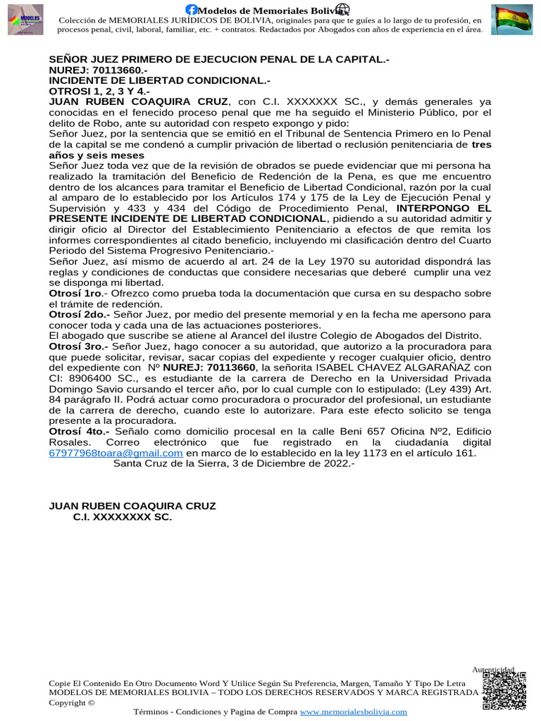Señor Juez Primero de Ejecucion Penal de La Capital | PDF | Pena ...