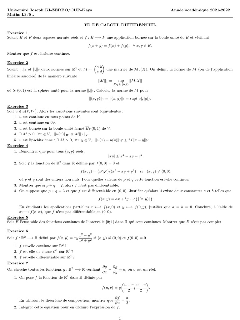 Exercices de Calcul Différentiel en Mathématiques | PDF | Variété ...