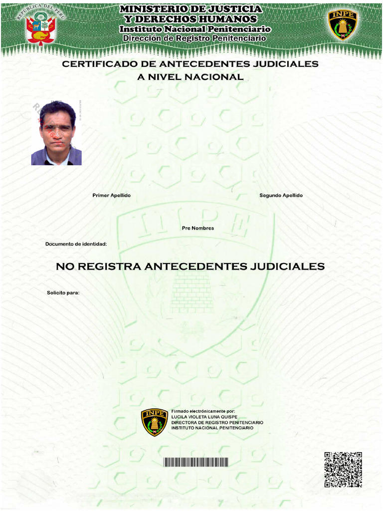 Certificado de Antecedentes Judiciales INPE | PDF