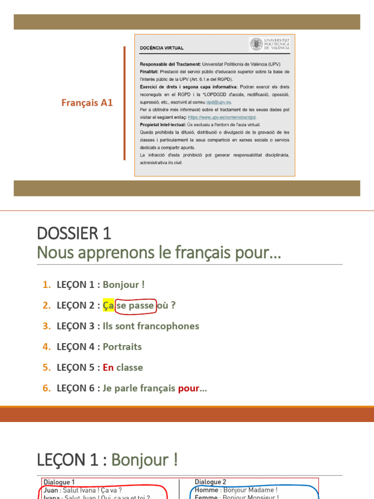 Apprendre le français A1 : Leçons et vocabulaire | PDF | Question | Syntaxe