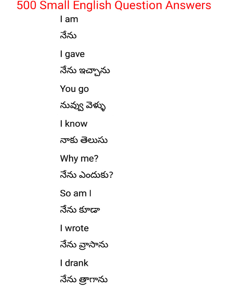 500. Simple Small English Question Answers. | PDF