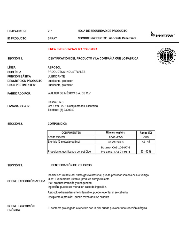 HOJAS DE SEGURIDAD Lubricante Grado Alimentos | PDF | Agua | Lubricante