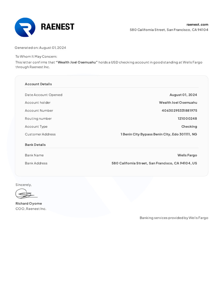 Wells Fargo Account Confirmation Letter | PDF