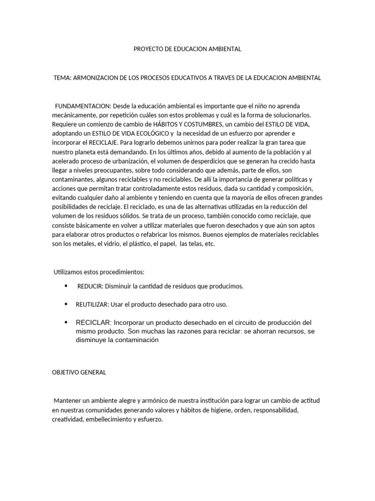 PROYECTO DE EDUCACION AMBIENTA Cuidado Del Ambiente | PDF | Residuos ...