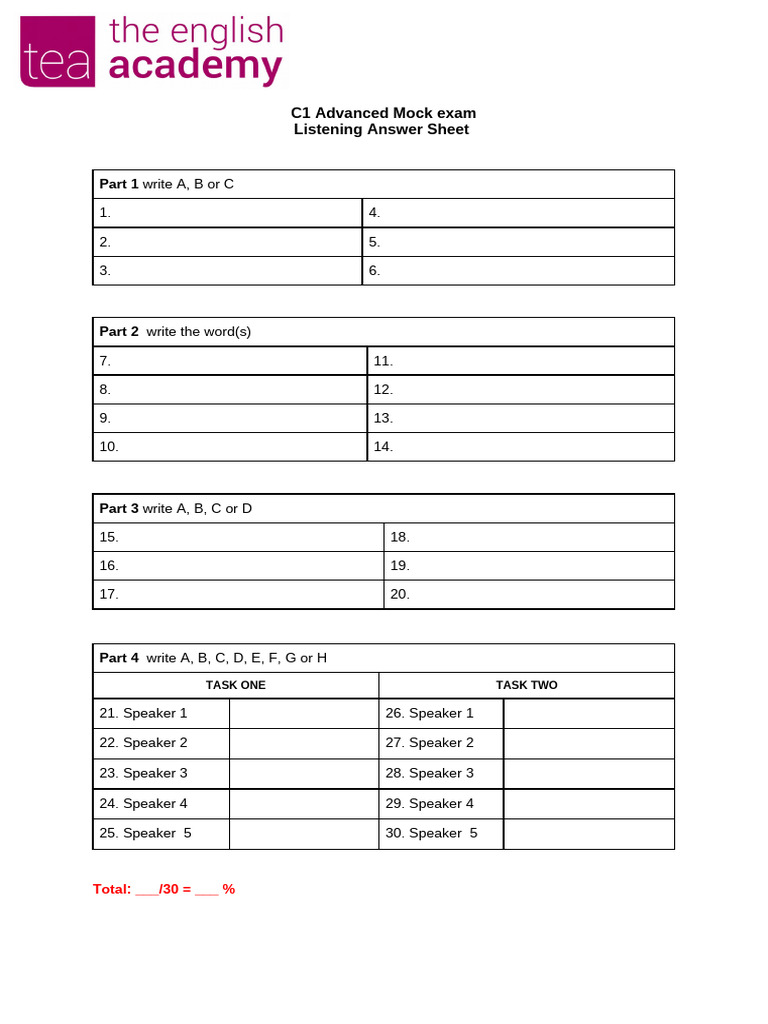 Advanced Mock exam Listening answer sheet | PDF