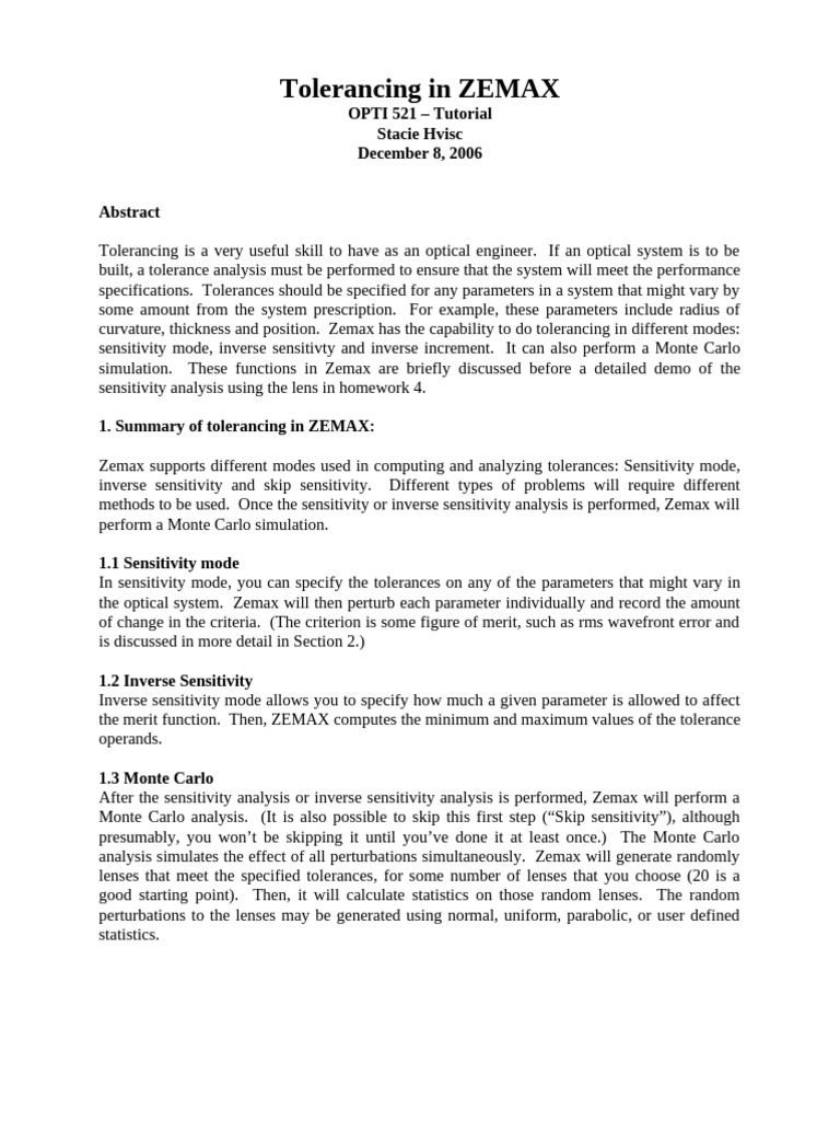 Zemax Tolerancing Tutorial Guide | PDF | Sensitivity Analysis ...
