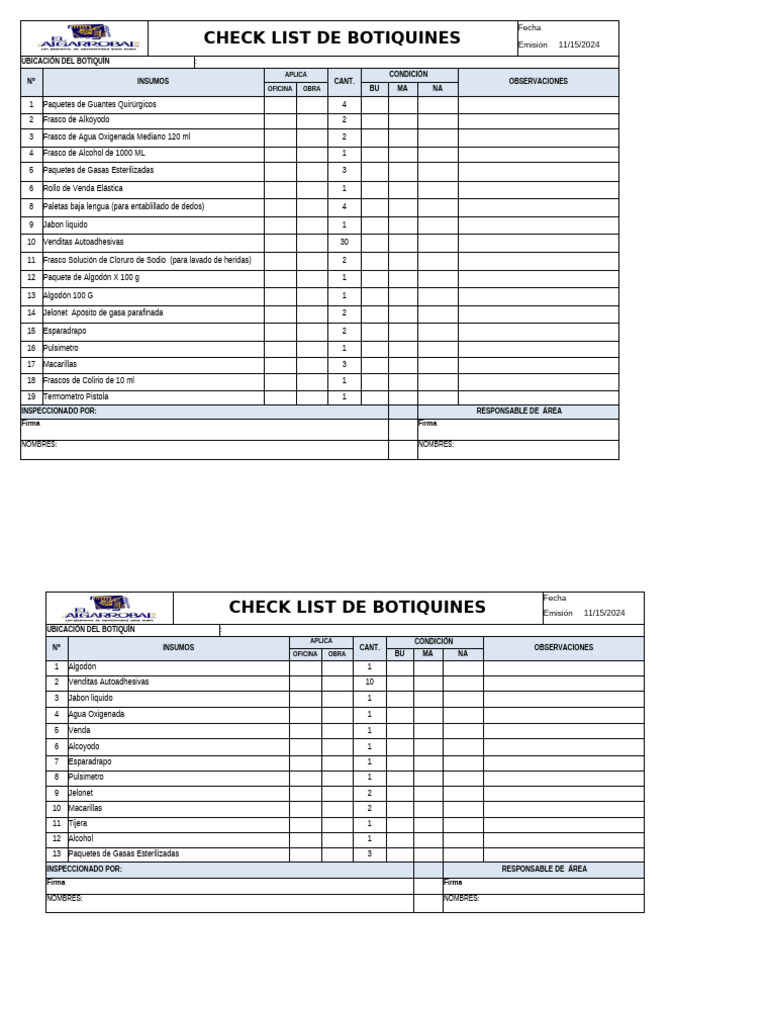 Check List de Botiquines de Primeros Auxilios | PDF | Elementos ...
