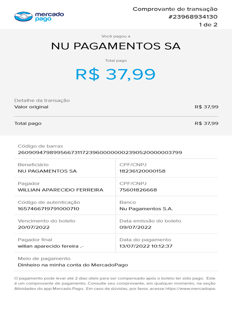 Comprovante de Pagamento NU Pagamentos | PDF