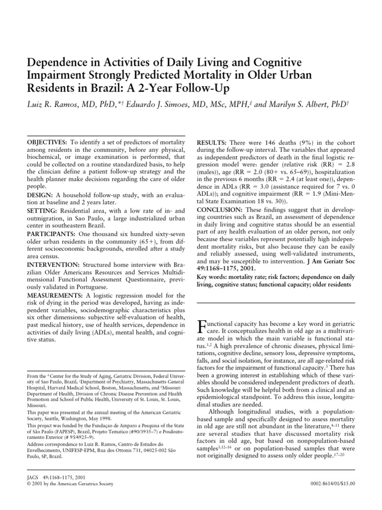 Dependence in Activities of Daily Living and Cognitive Impairment ...