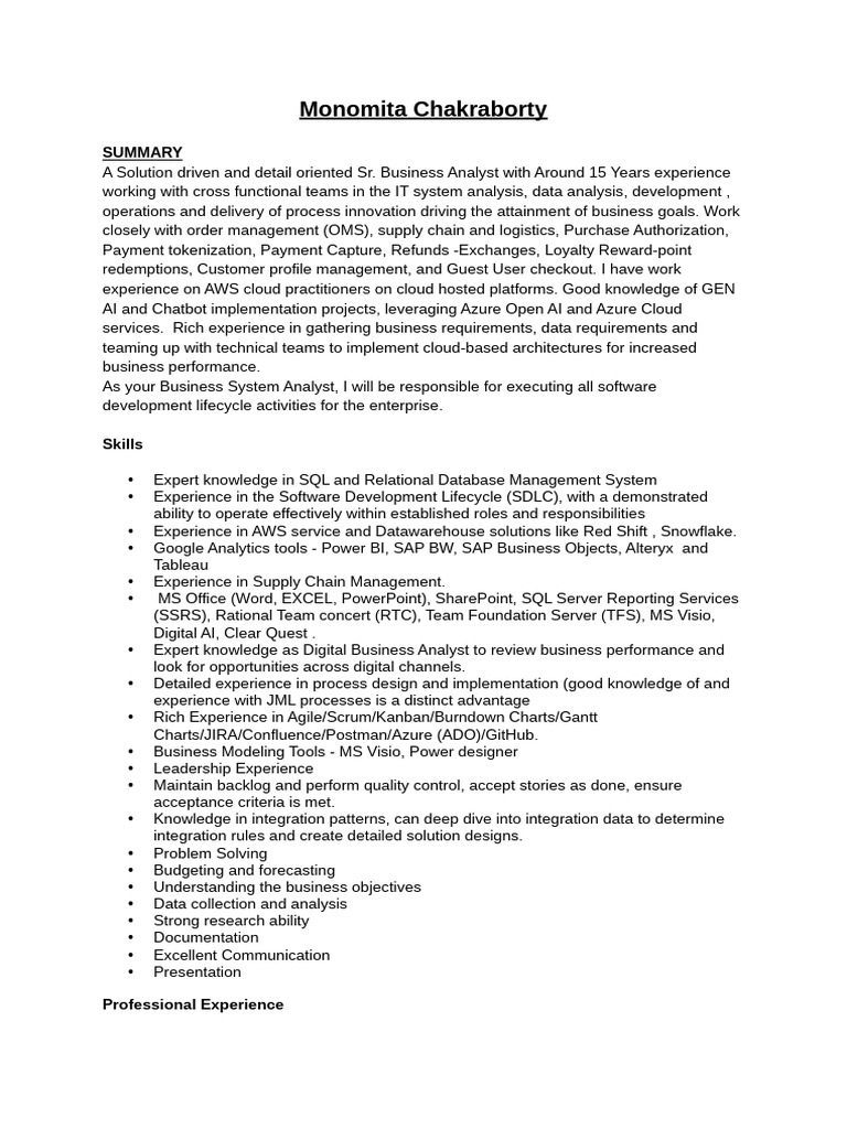 Senior Business Analyst Profile Summary | PDF | Software Development ...