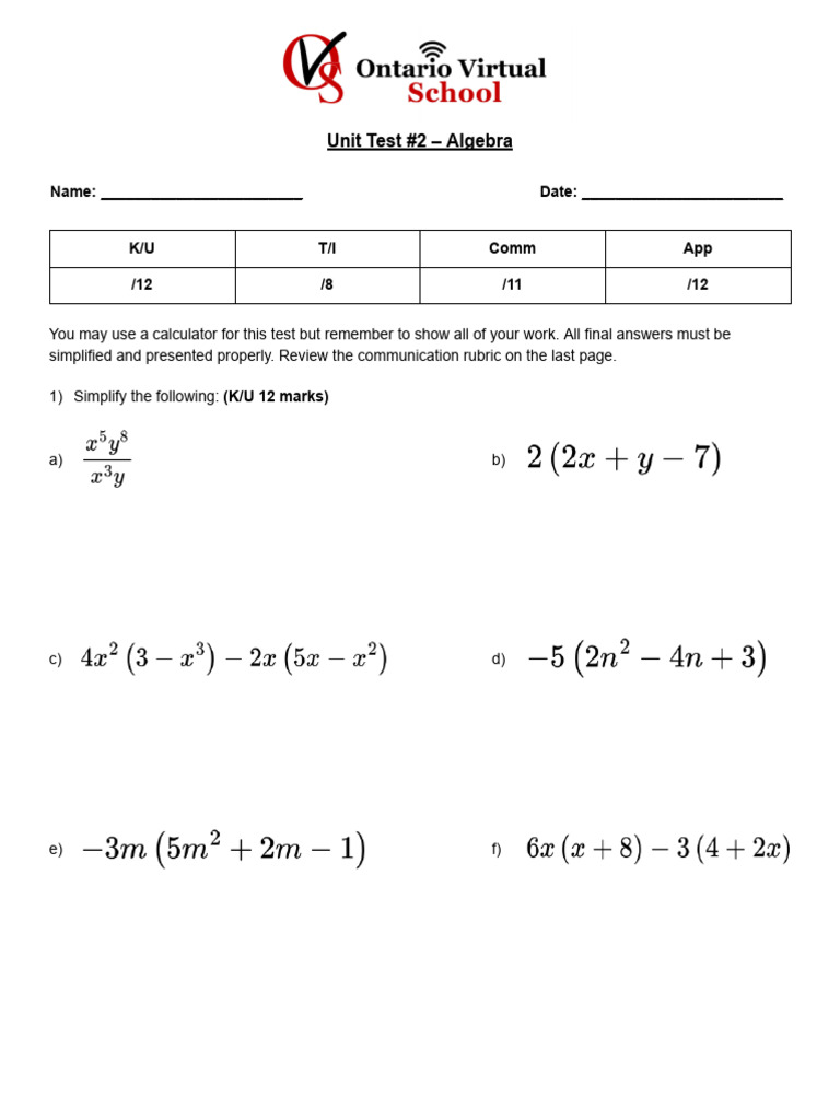 Algebra Unit Test #2 Guide | PDF