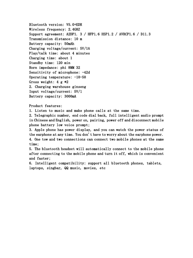 Bluetooth V5.0 Headset Features & Specs | PDF