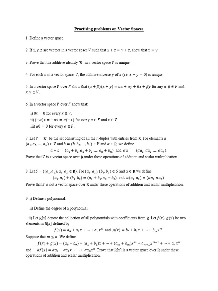 Practising Problems On Vector Spaces | PDF | Scalar (Mathematics ...