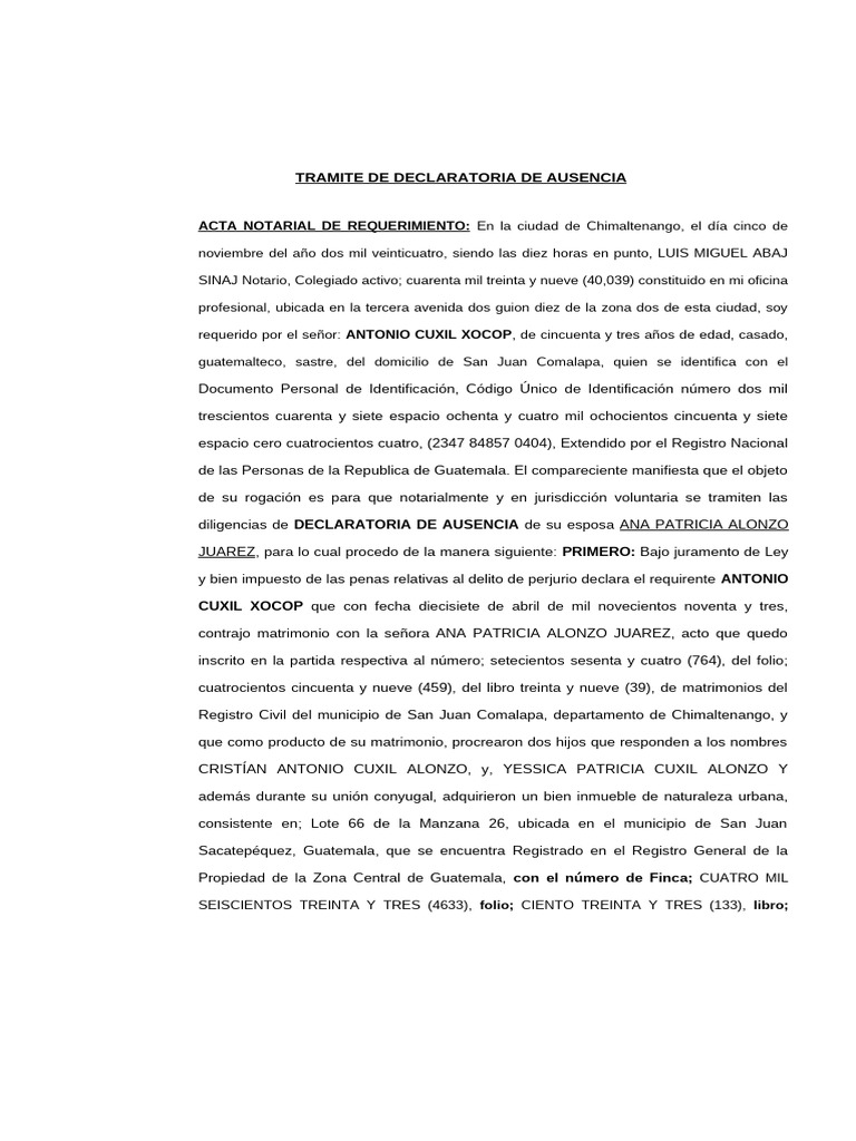 Acta Notarial Declaracion De Ausencia Pdf Guatemala Judicaturas