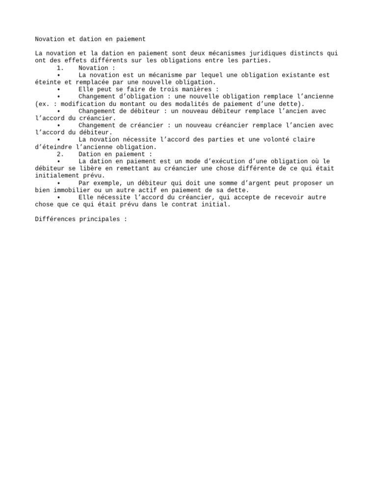 Novation et Dation en Paiement : Distinctions | PDF