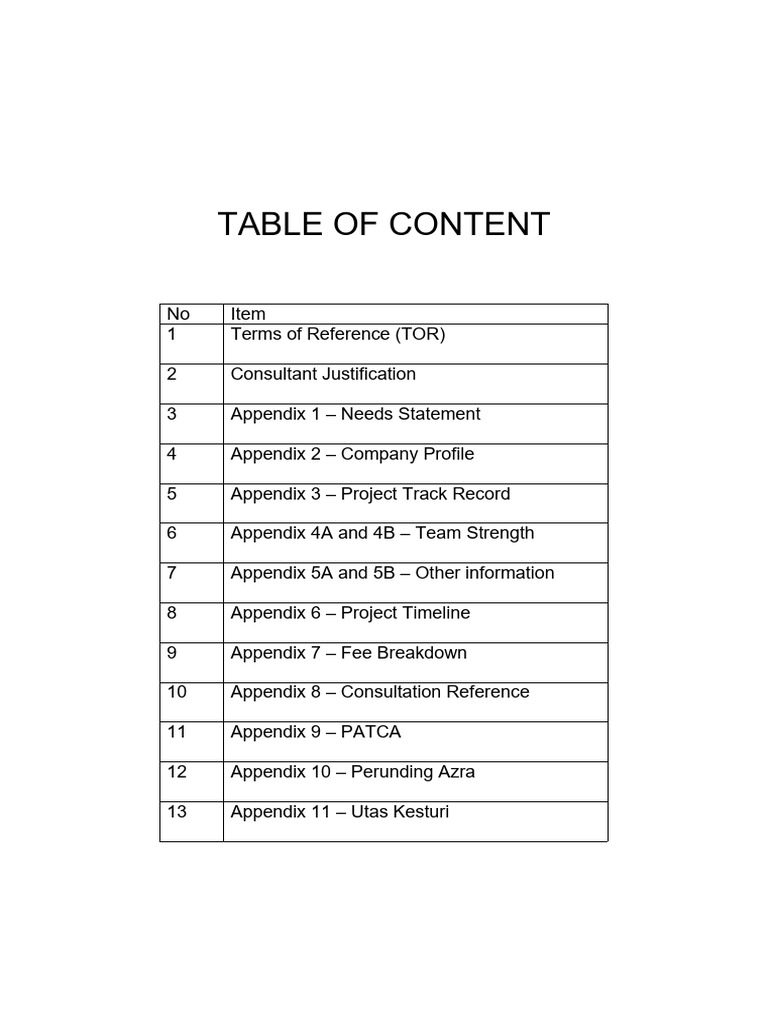 Project Proposal Table of Contents | PDF
