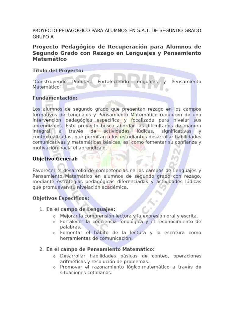 Proyecto de Recuperación para 2° Grado | PDF | Evaluación | Aprendizaje