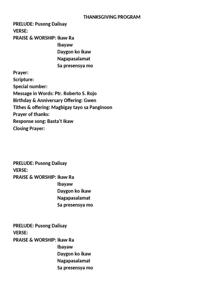 Church Thanksgiving Program Flow | PDF
