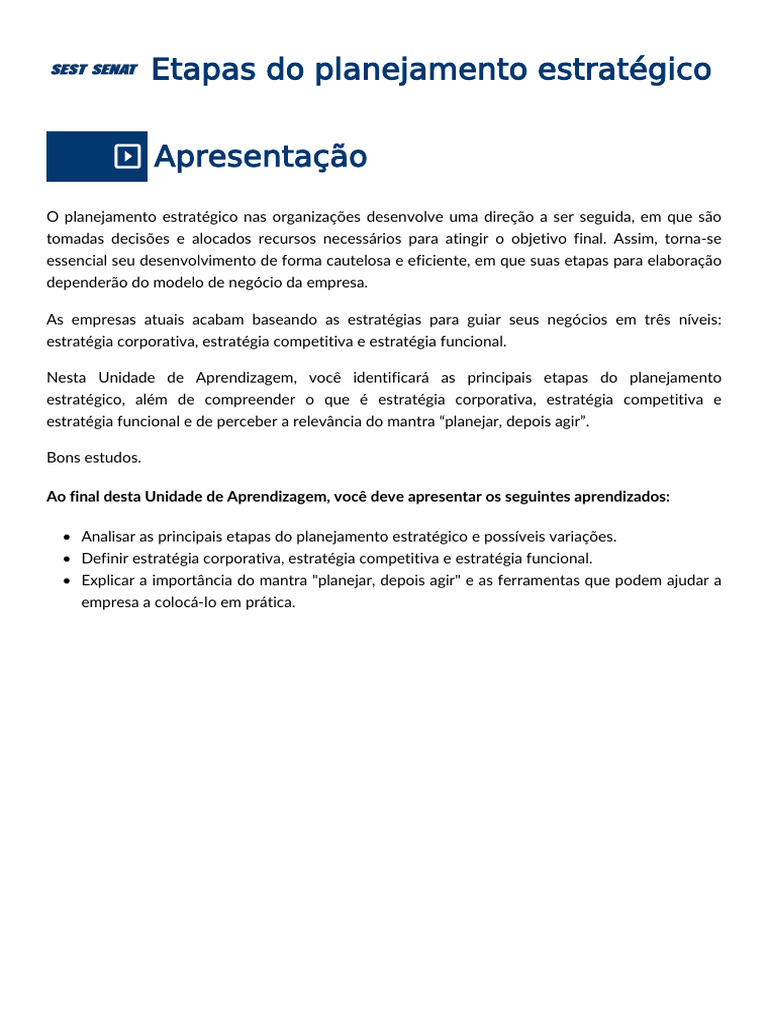 Etapas do Planejamento Estratégico | PDF | Planejamento estratégico ...