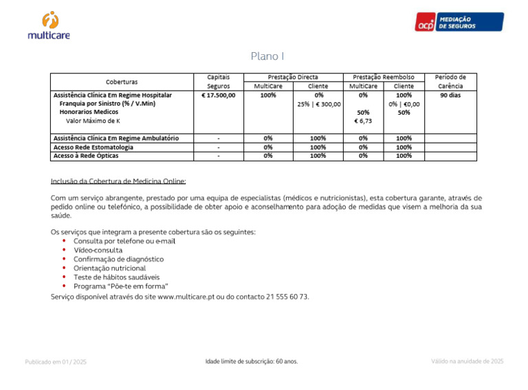 Tabela de Preços e Coberturas MultiCare | PDF