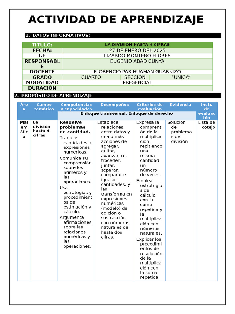 División y Lectura en Cuarto Grado | PDF | Aprendizaje | Comunicación ...