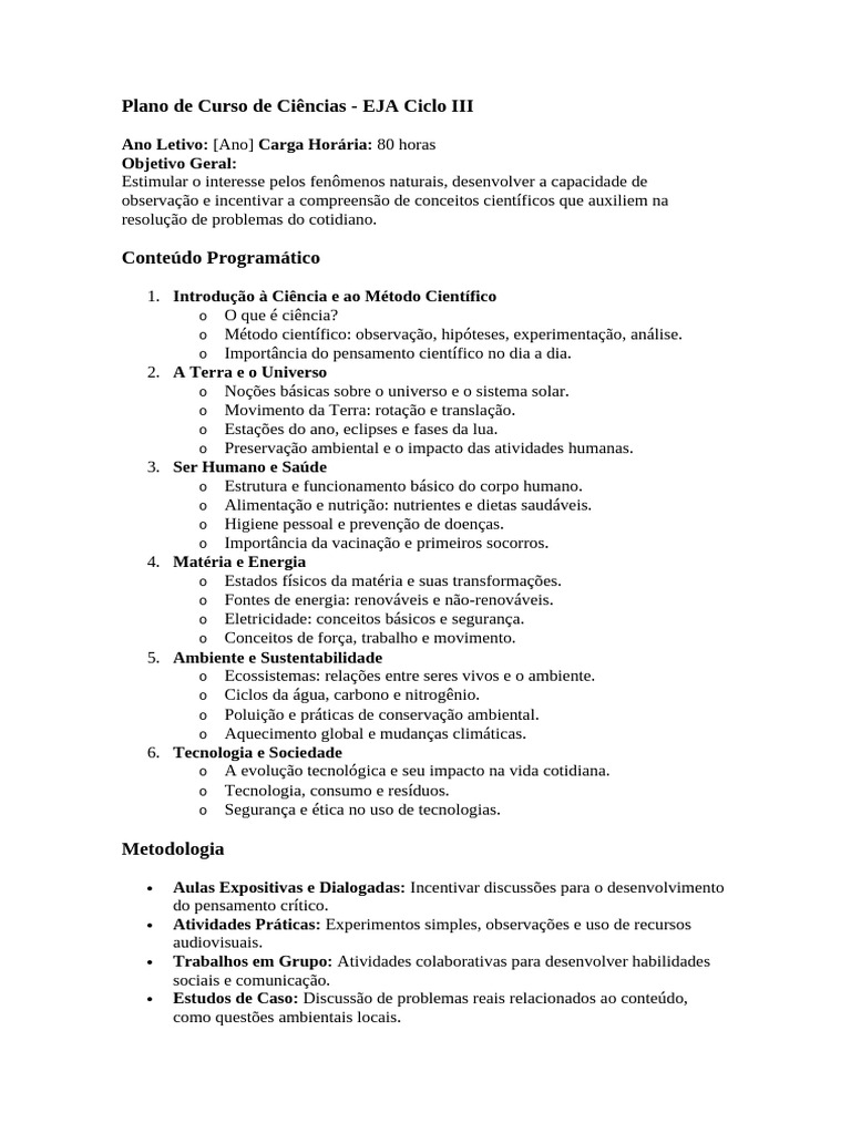 Plano de Curso de Ciências - EJA III | PDF | Science | Ambiente natural