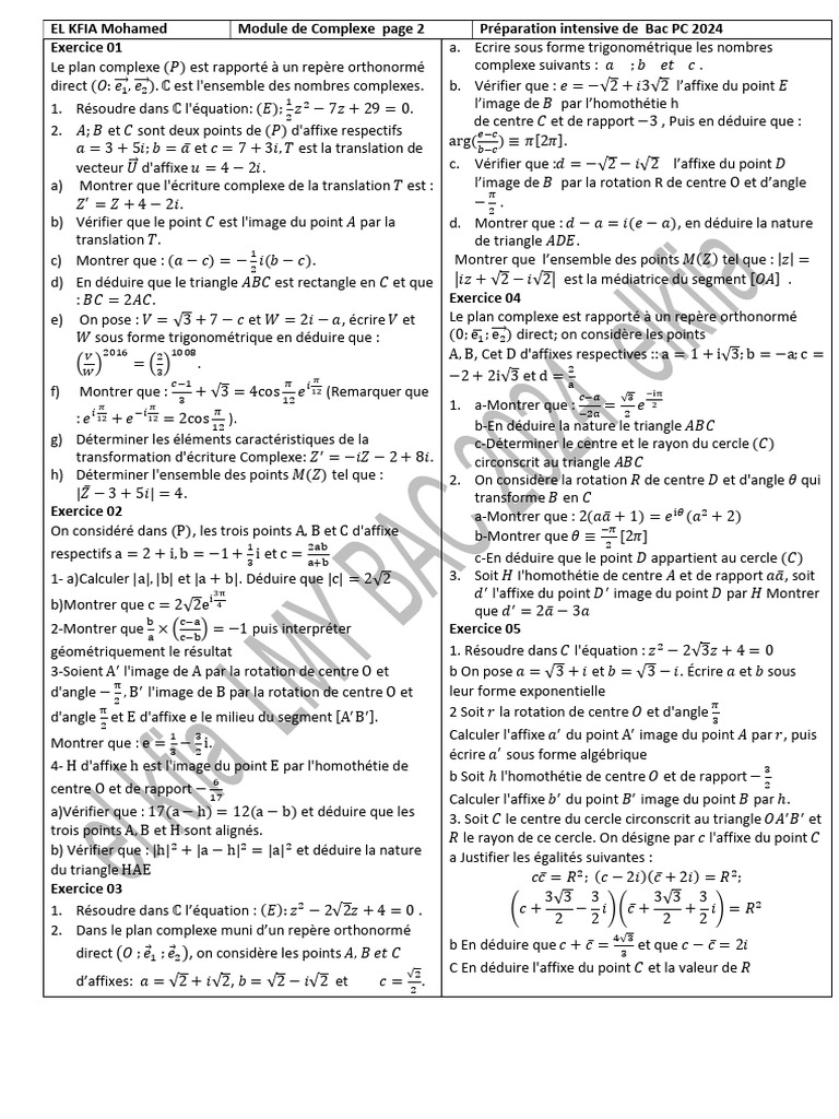 Exercices de Complexes pour Bac PC 2024 | PDF | Nombre complexe | Triangle