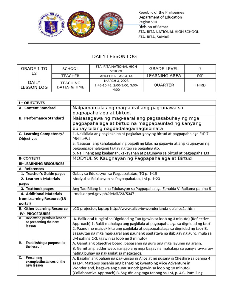 Grade 1 To 12 Daily Lesson Log Grade Level Learning Area Quarter | PDF