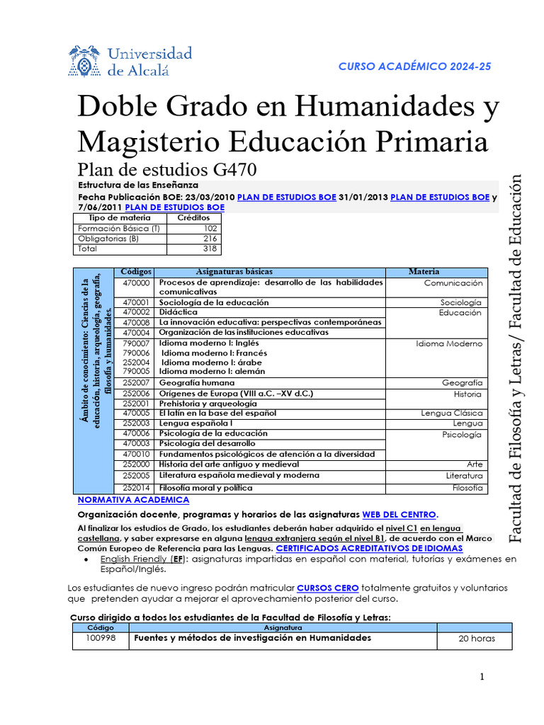 Doble Grado en Humanidades y Magisterio | PDF | Plan de estudios ...