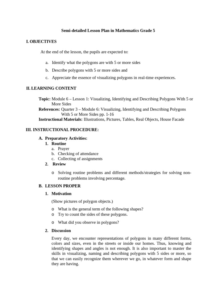 Grade 5 Lesson Plan: Polygons Explained | PDF | Polygon | Shape