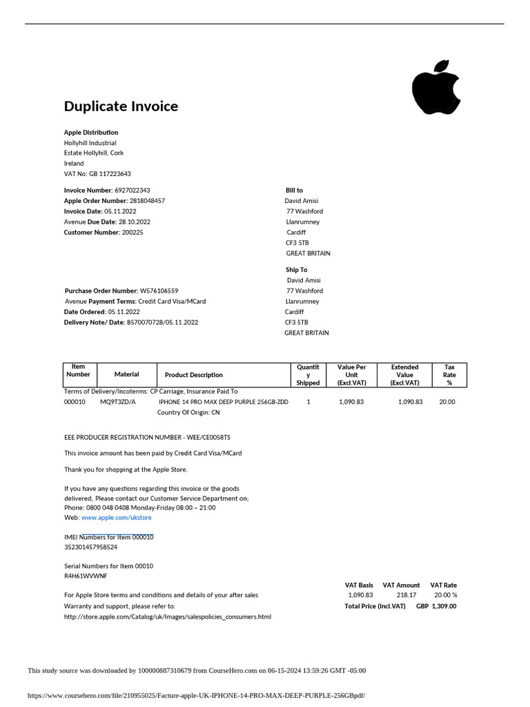 Apple Invoice for iPhone 14 Pro Max | PDF | Value Added Tax | Invoice