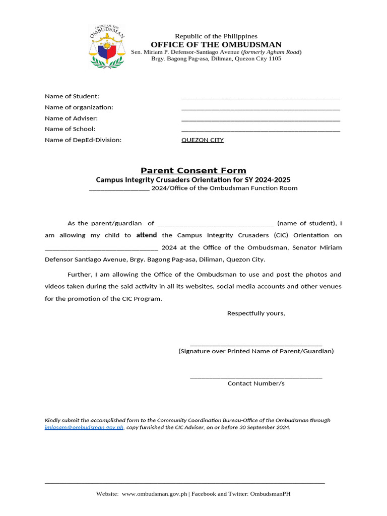 Parent Consent Form for CIC Orientation | PDF
