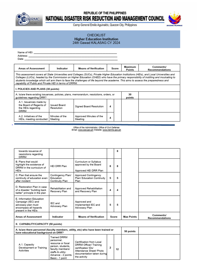 DRRM Assessment Checklist for HEIs | PDF